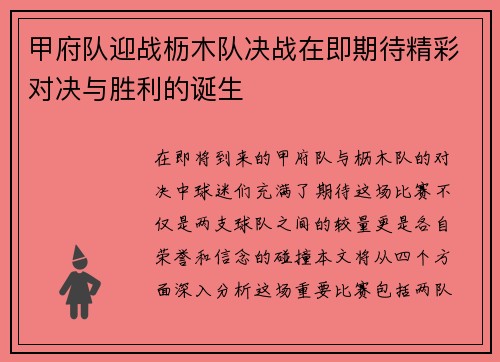 甲府队迎战枥木队决战在即期待精彩对决与胜利的诞生